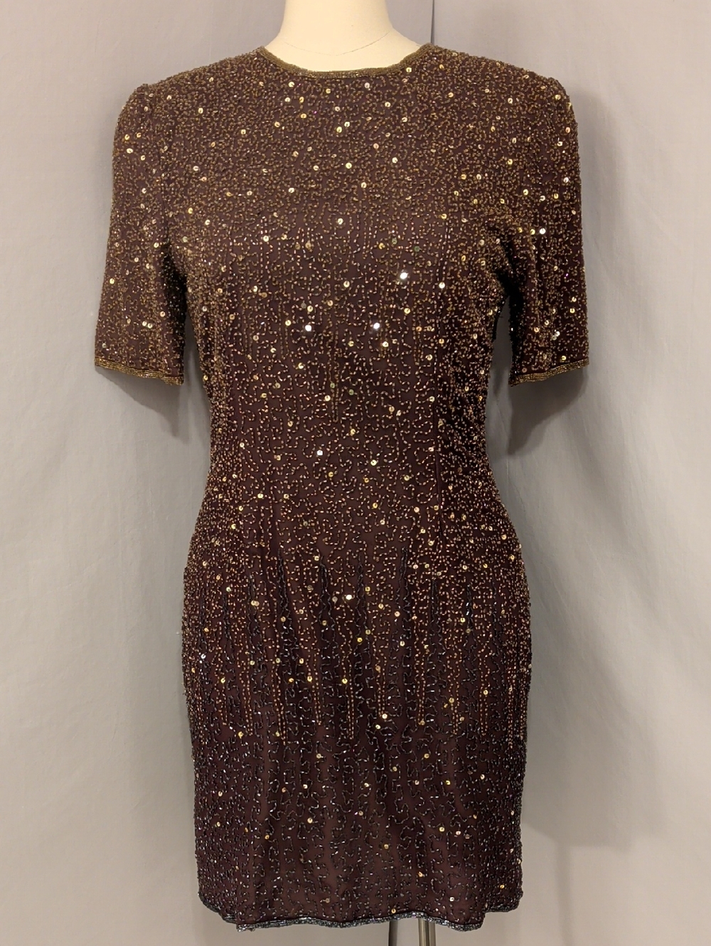 Vintage Beaded Brown Sequin Short Sleeve Dress Stenay Classic